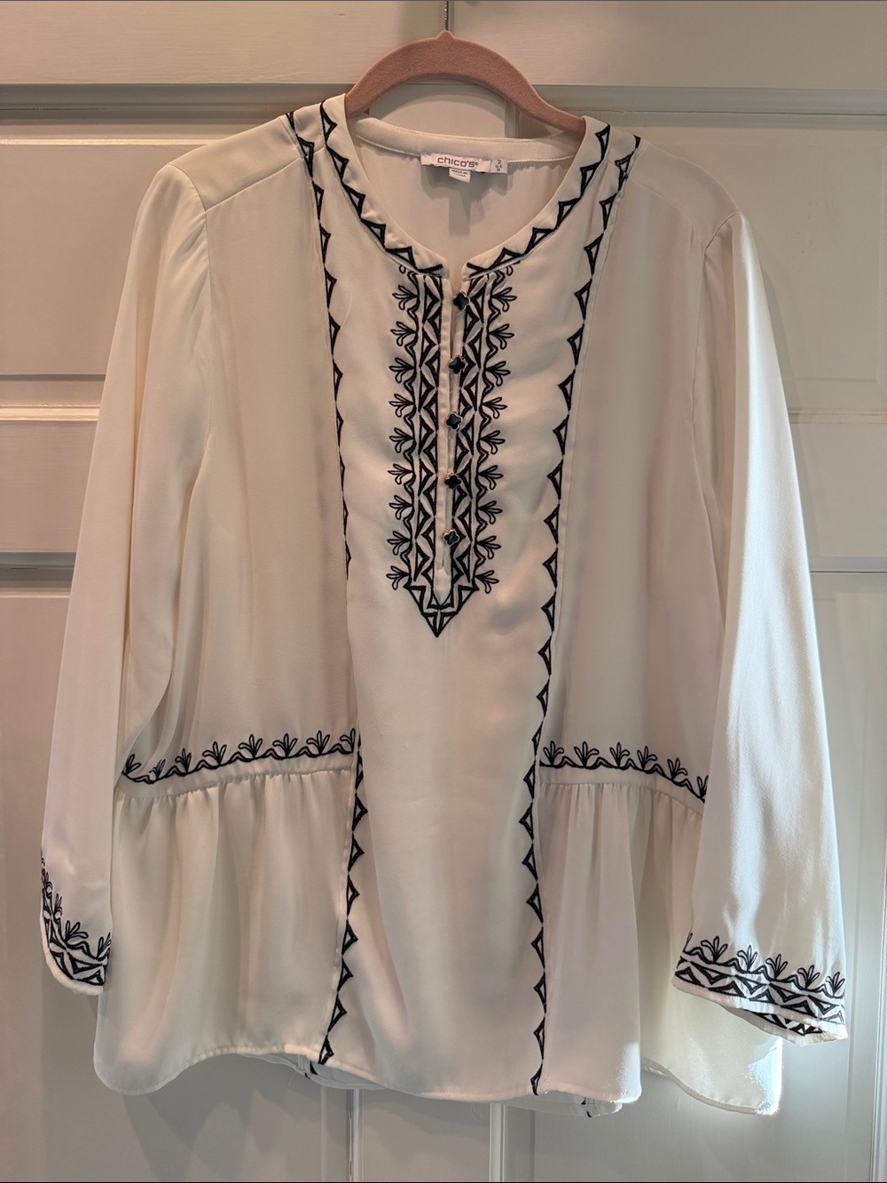 Chico's Cream Tunic with Black Embroidered Trim